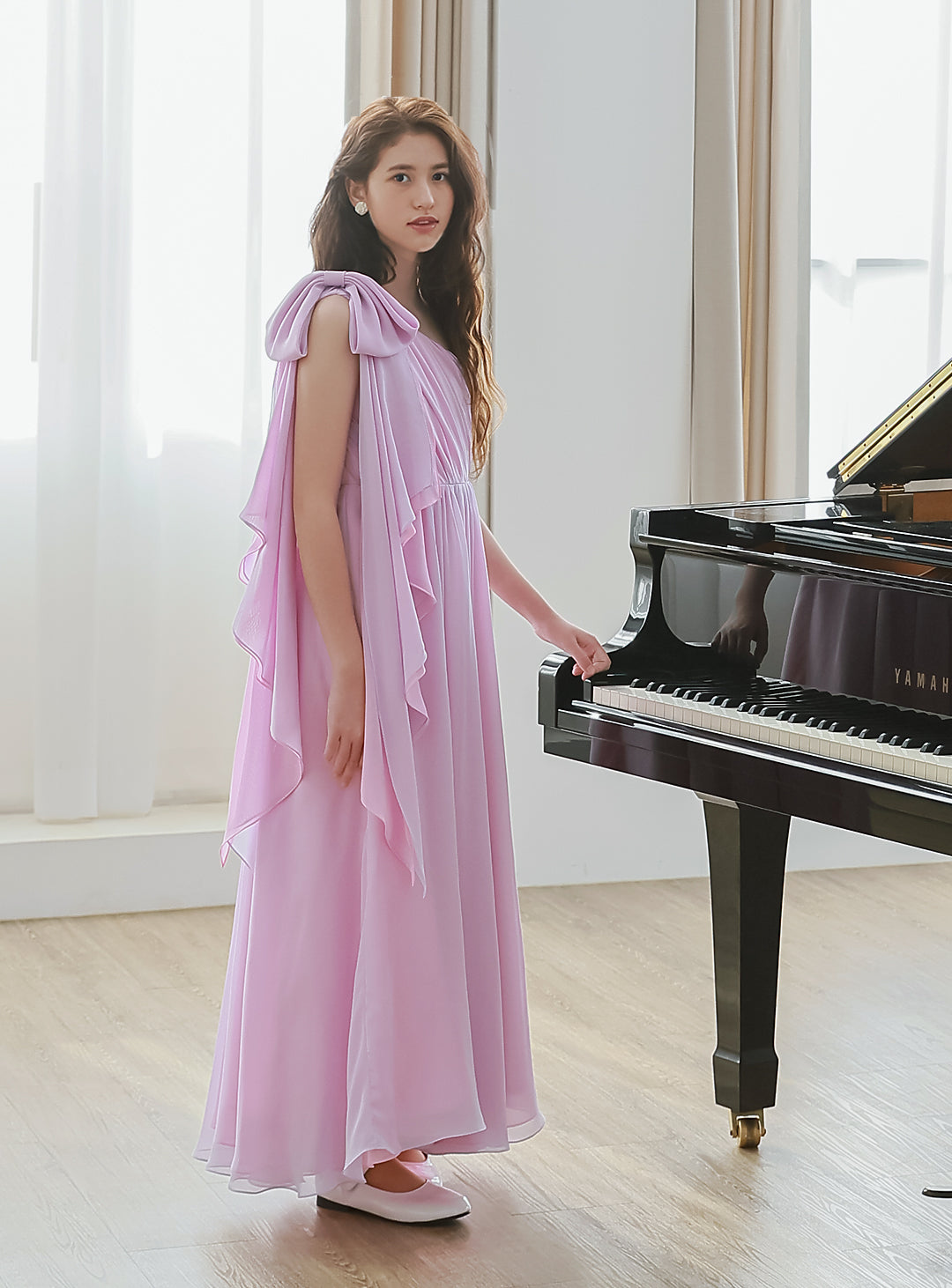 ピンク×ライラックシフォンワンショルダーロングドレス
