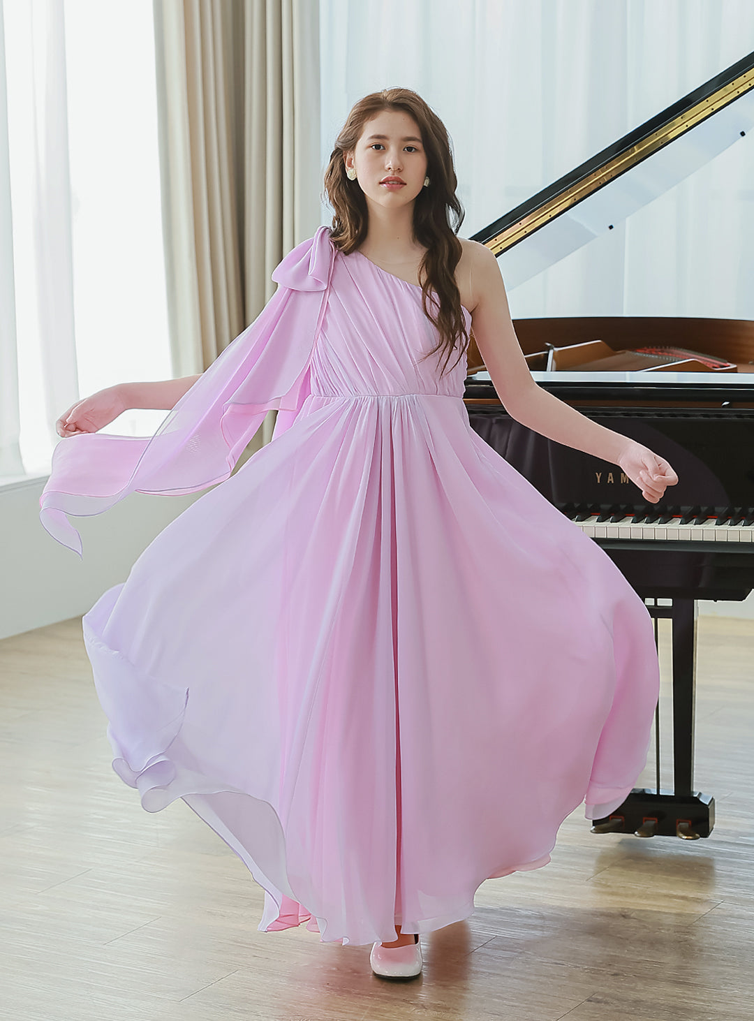 ピンク×ライラックシフォンワンショルダーロングドレス