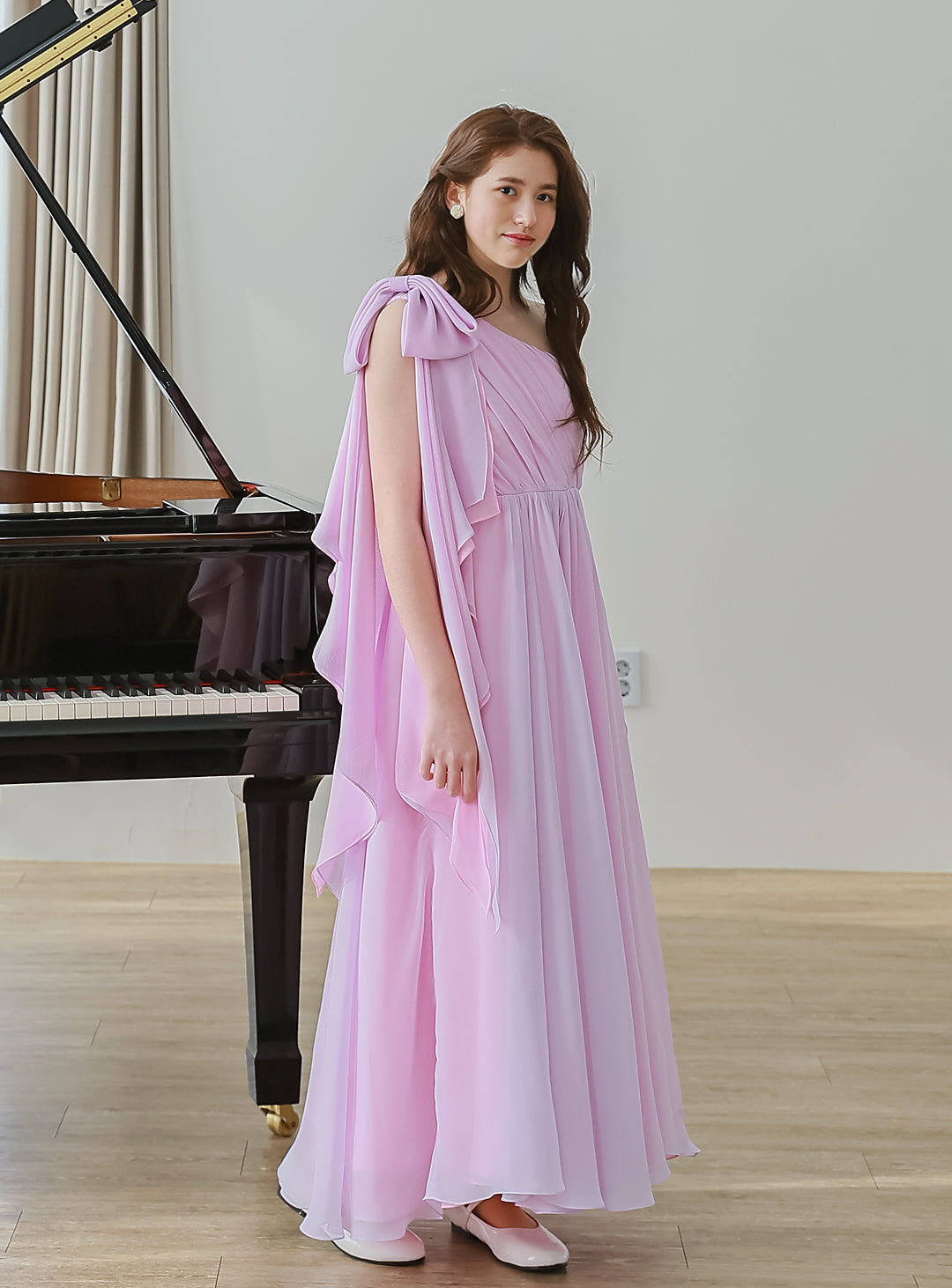 ピンク×ライラックシフォンワンショルダーロングドレス