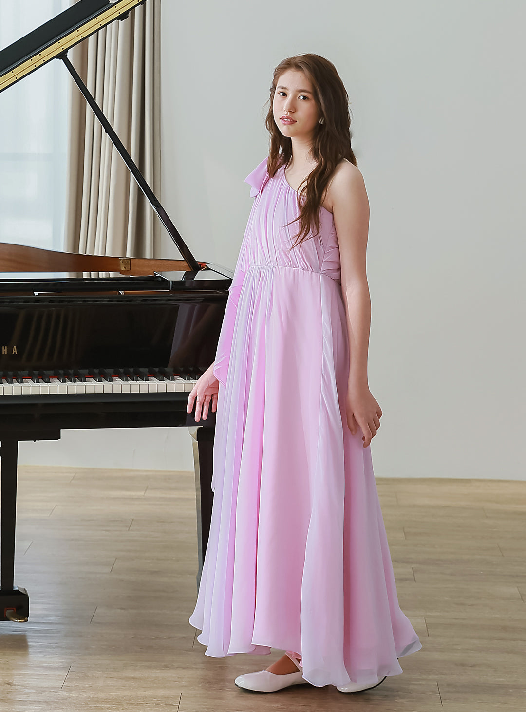 ピンク×ライラックシフォンワンショルダーロングドレス
