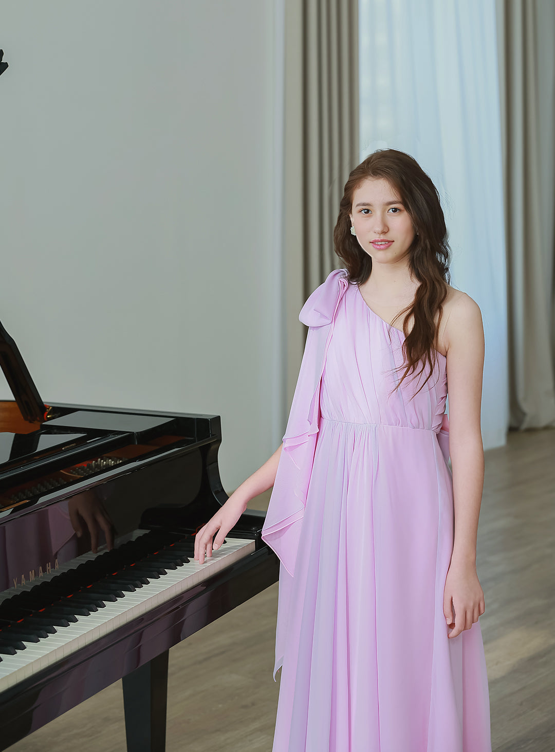 ピンク×ライラックシフォンワンショルダーロングドレス