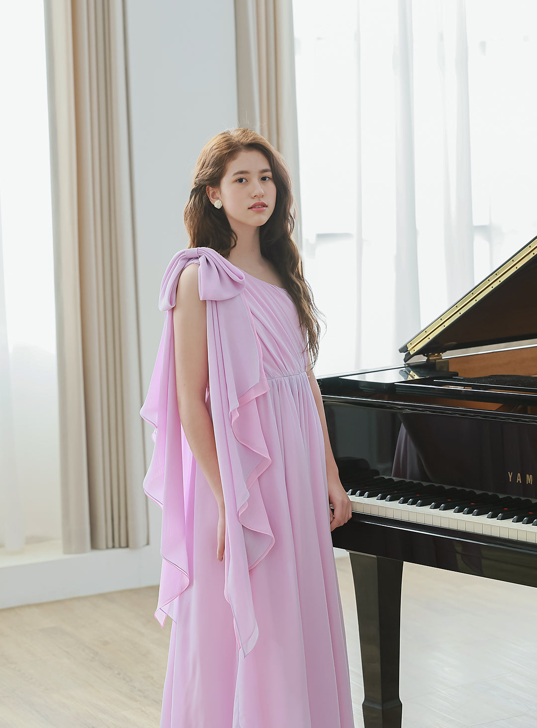 ピンク×ライラックシフォンワンショルダーロングドレス