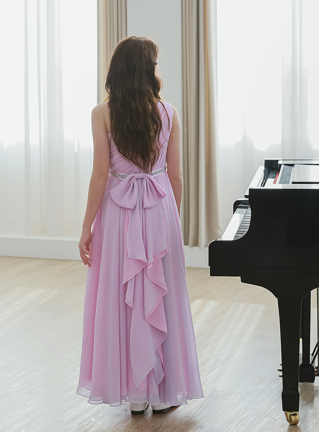ピンク×ライラックシフォンワンショルダーロングドレス