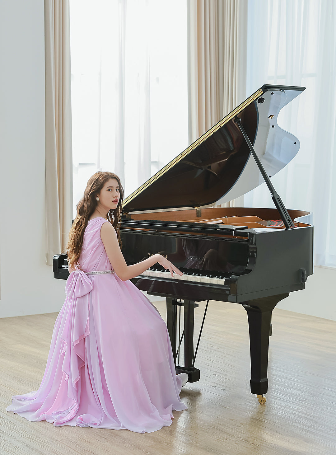 ピンク×ライラックシフォンワンショルダーロングドレス