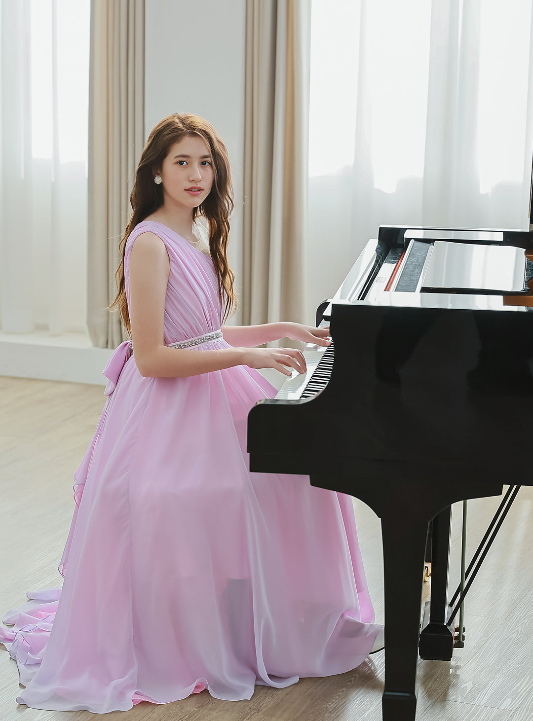 ピンク×ライラックシフォンワンショルダーロングドレス