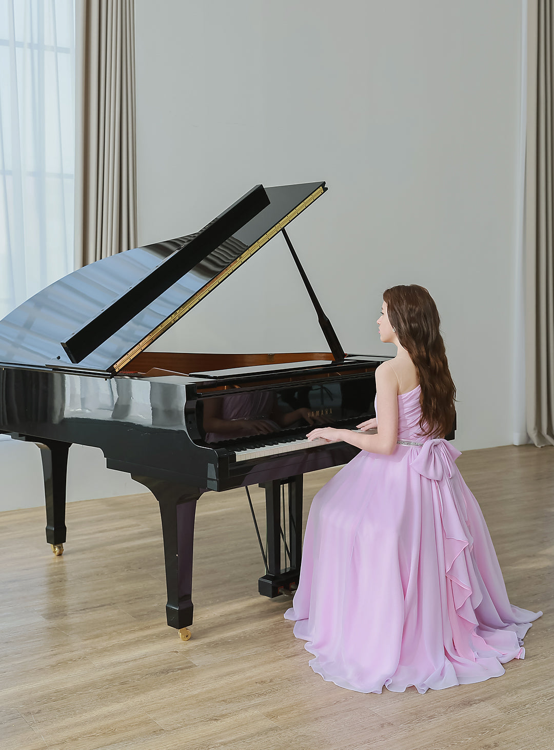 ピンク×ライラックシフォンワンショルダーロングドレス