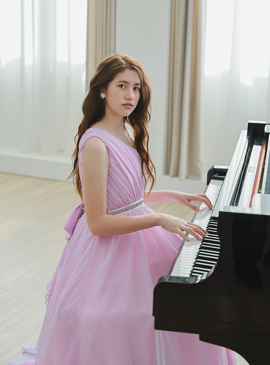 ピンク×ライラックシフォンワンショルダーロングドレス