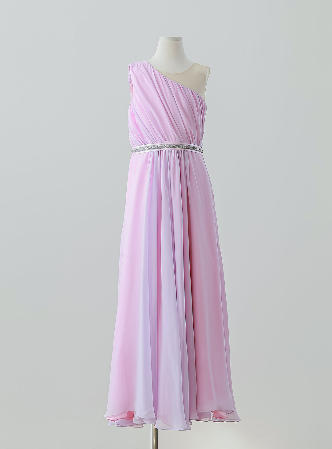 ピンク×ライラックシフォンワンショルダーロングドレス