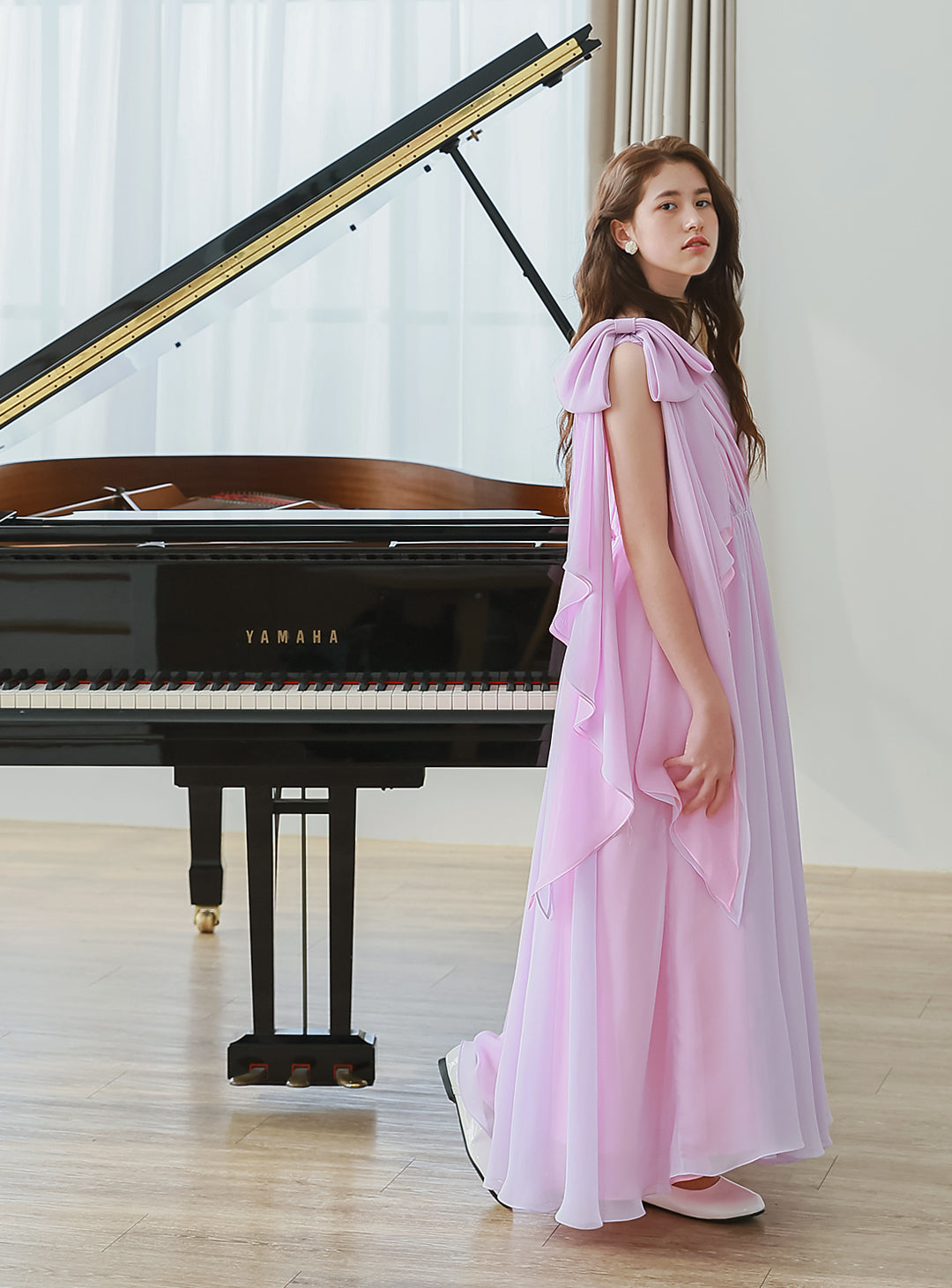 ピンク×ライラックシフォンワンショルダーロングドレス