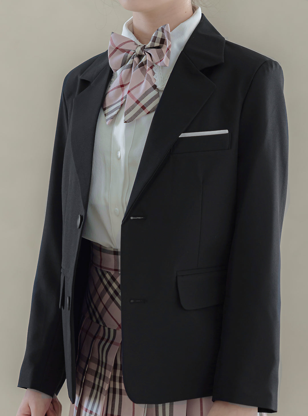オリヴィアブラックシングルジャケットピンクチェックスカート3ピースセット(ジャケット、スカート、リボンタイ)