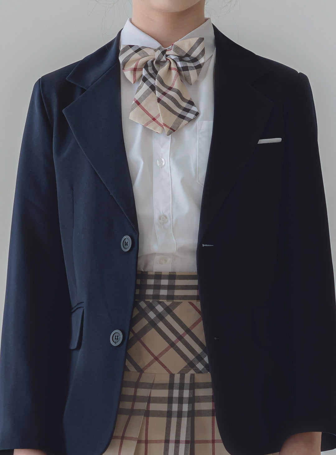 シャーロットネイビーシングルジャケットベージュチェックスカート3ピースセット(ジャケット、スカート、リボンタイ)