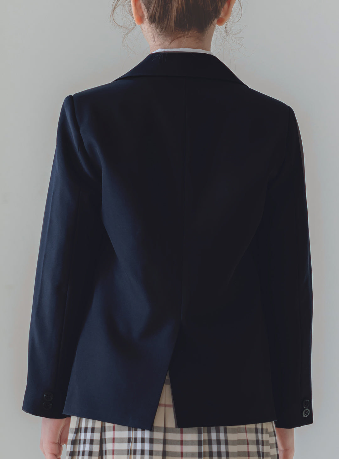 シャーロットネイビーシングルジャケットベージュチェックスカート3ピースセット(ジャケット、スカート、リボンタイ)