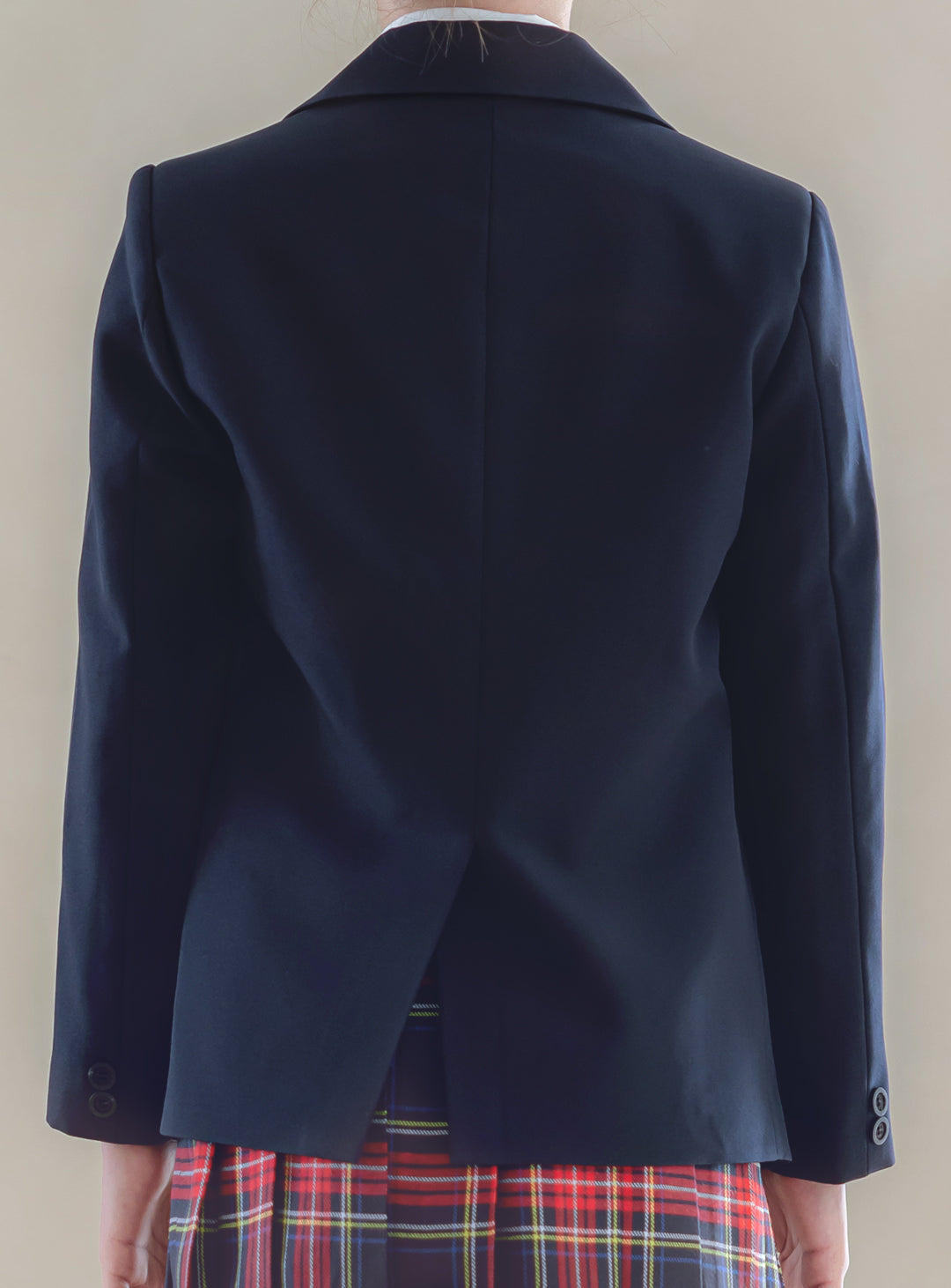 シャーロットネイビーシングルジャケットタータンチェックスカート3ピースセット(ジャケット、スカート、リボンタイ)