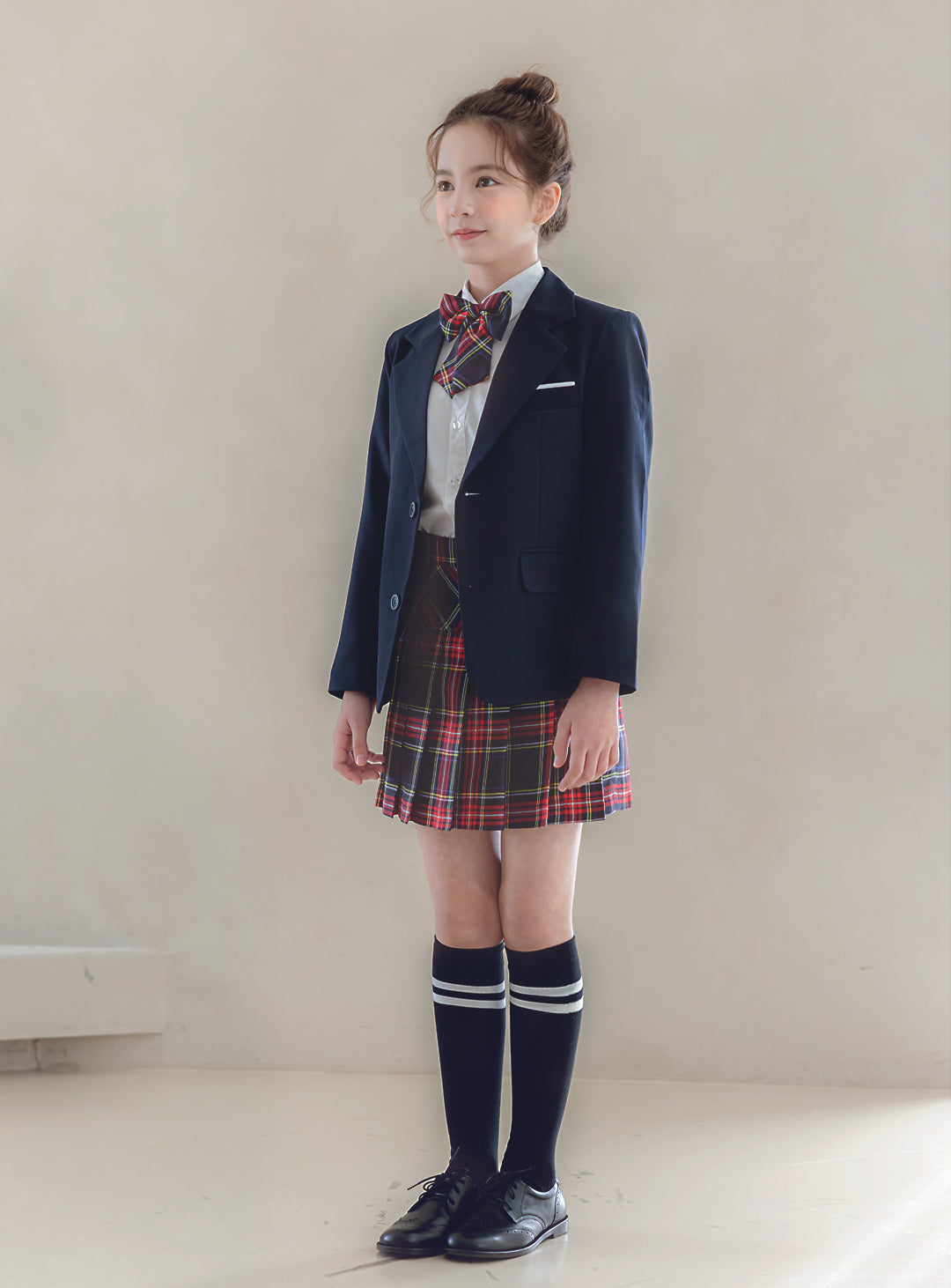シャーロットネイビーシングルジャケットタータンチェックスカート3ピースセット(ジャケット、スカート、リボンタイ)