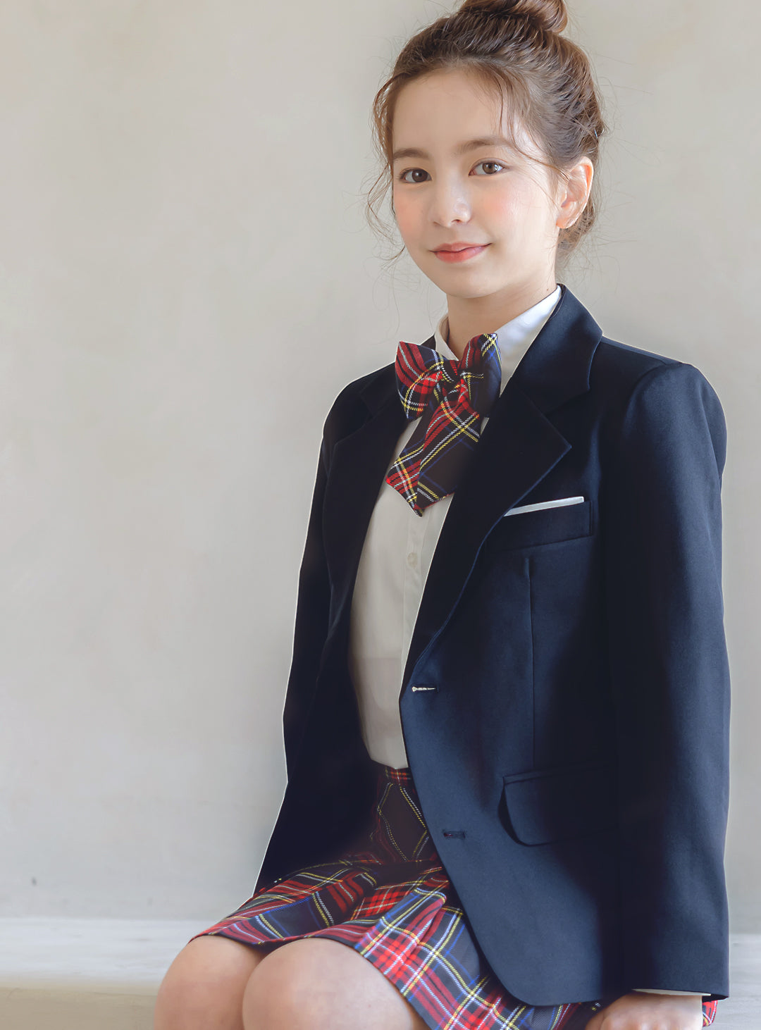 シャーロットネイビーシングルジャケットタータンチェックスカート3ピースセット(ジャケット、スカート、リボンタイ)