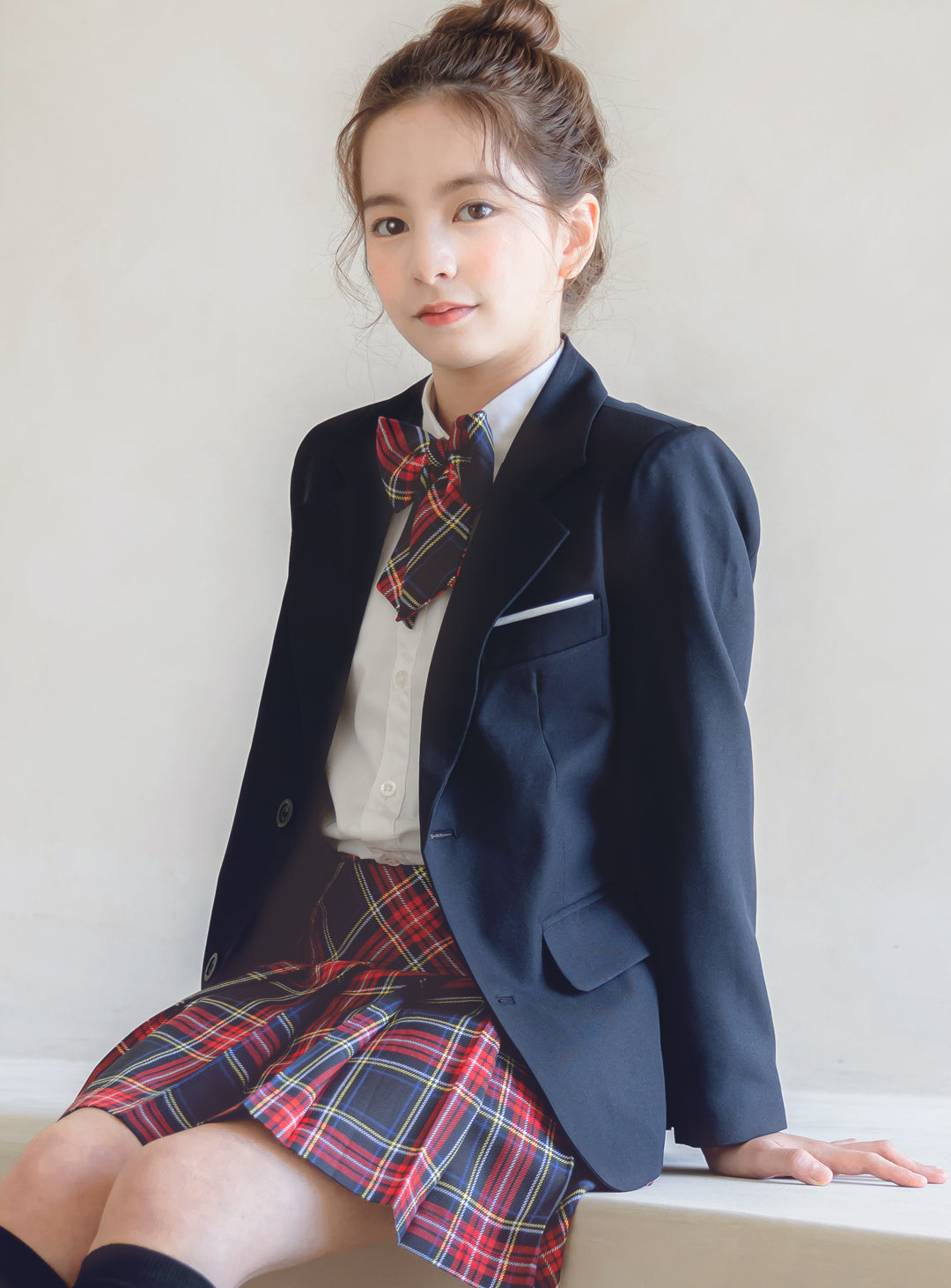 シャーロットネイビーシングルジャケットタータンチェックスカート3ピースセット(ジャケット、スカート、リボンタイ)