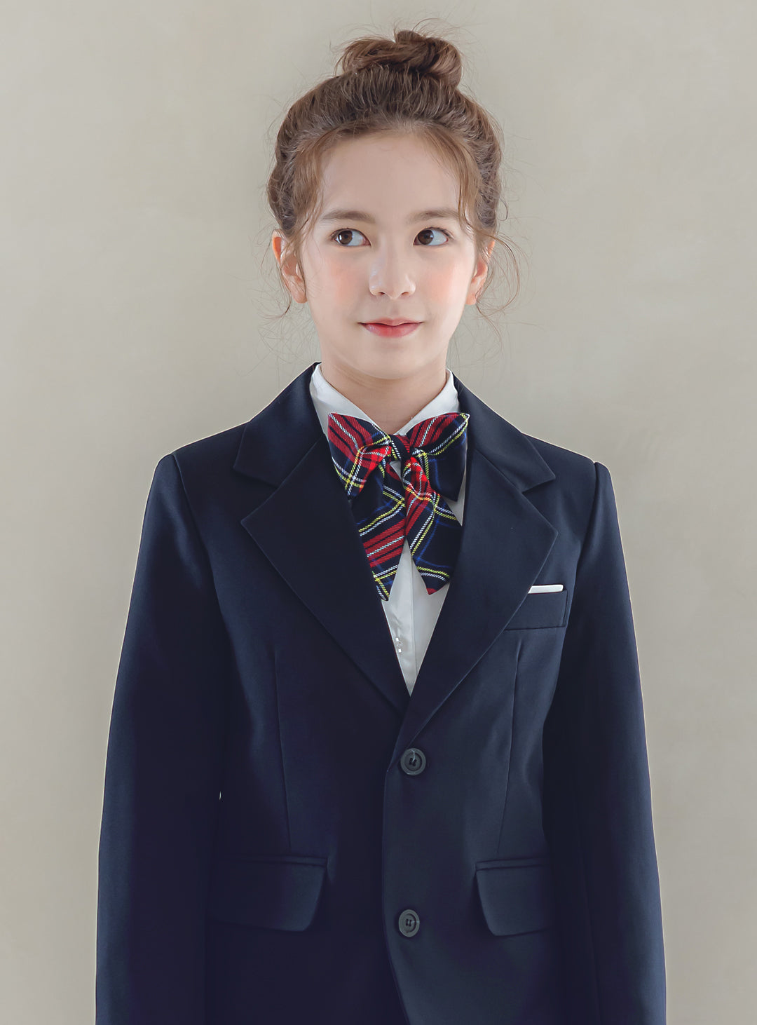 シャーロットネイビーシングルジャケットタータンチェックスカート3ピースセット(ジャケット、スカート、リボンタイ)