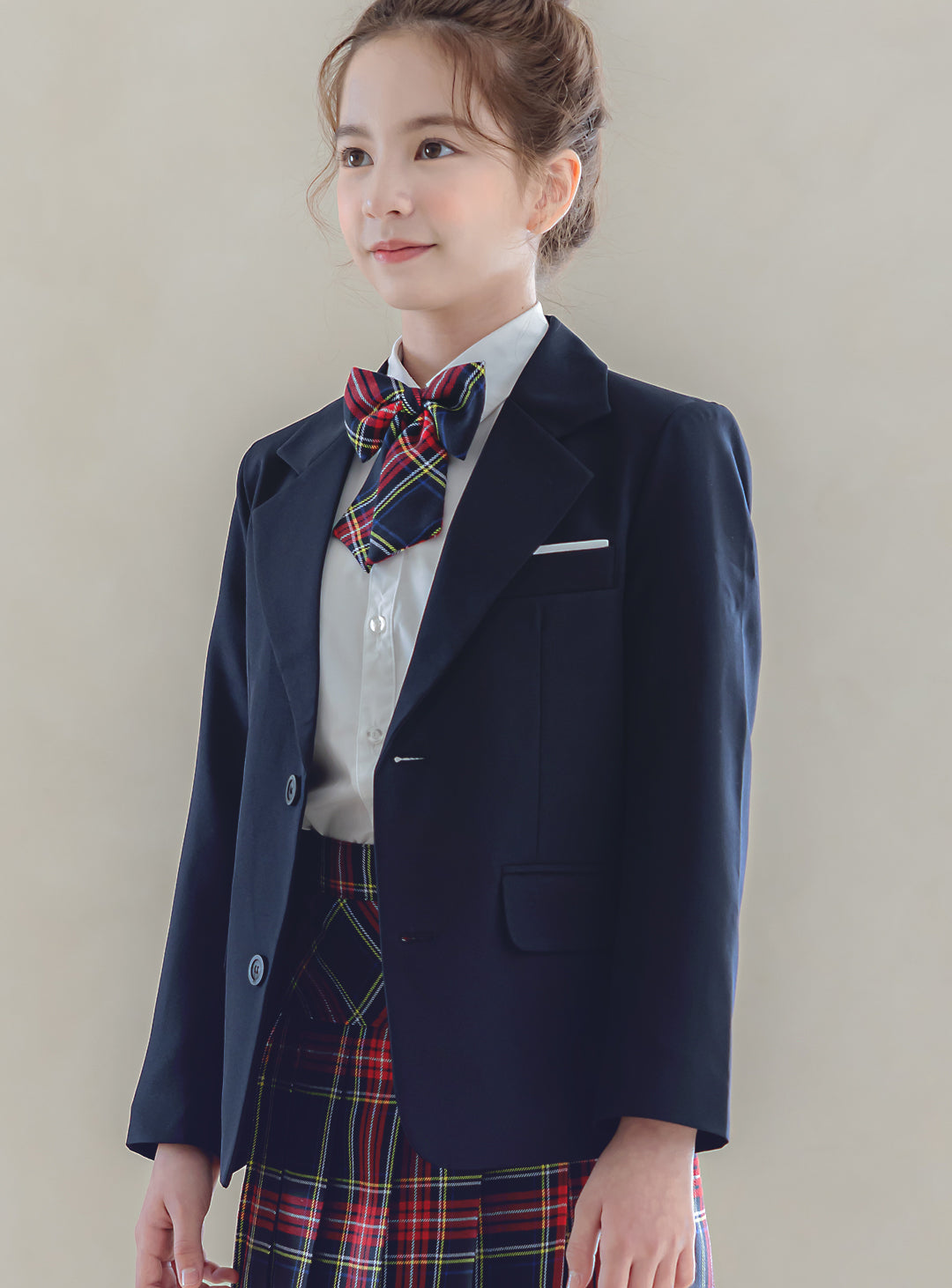 シャーロットネイビーシングルジャケットタータンチェックスカート3ピースセット(ジャケット、スカート、リボンタイ)