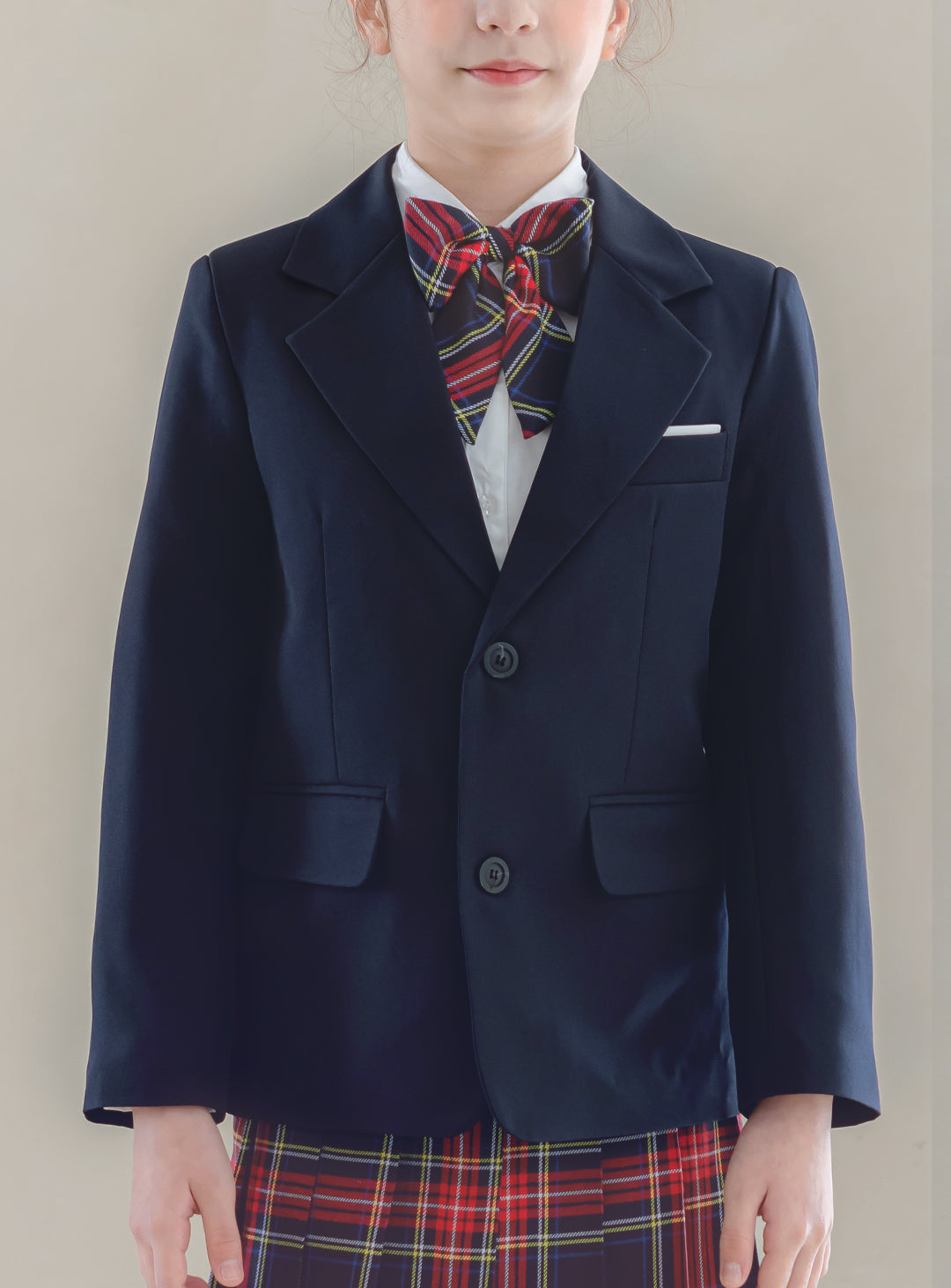 シャーロットネイビーシングルジャケットタータンチェックスカート3ピースセット(ジャケット、スカート、リボンタイ)