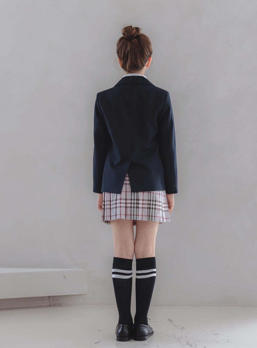 シャーロットネイビーシングルジャケットピンクチェックスカート3ピースセット(ジャケット、スカート、リボンタイ)