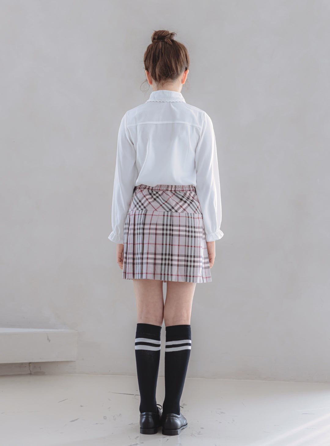 シャーロットネイビーシングルジャケットピンクチェックスカート3ピースセット(ジャケット、スカート、リボンタイ)