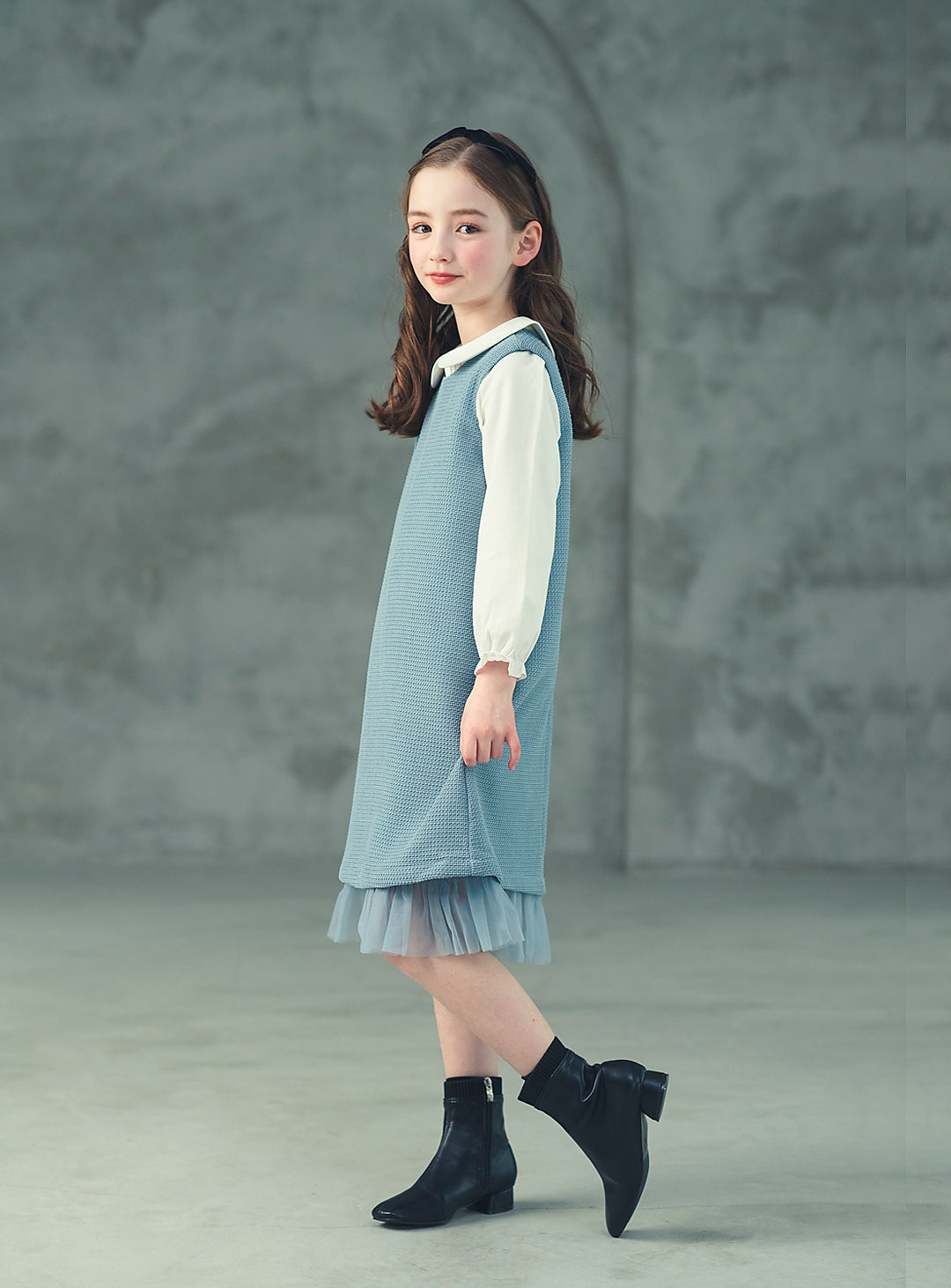 K8076 - ブルーグレーワッフルノースリーブワンピース