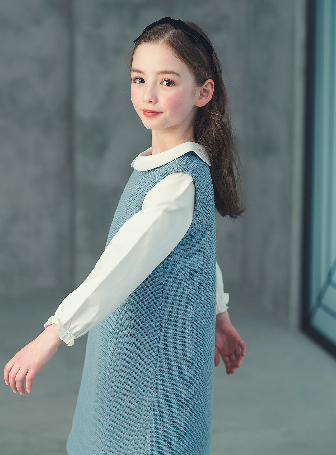 K8076 - ブルーグレーワッフルノースリーブワンピース