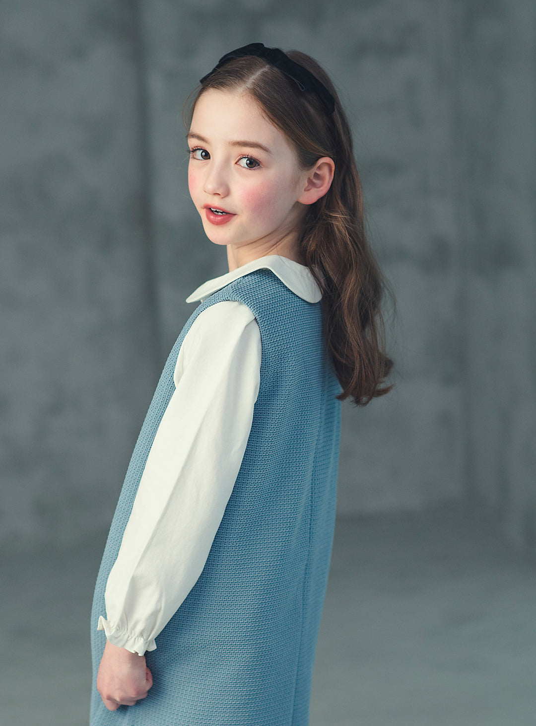 K8076 - ブルーグレーワッフルノースリーブワンピース