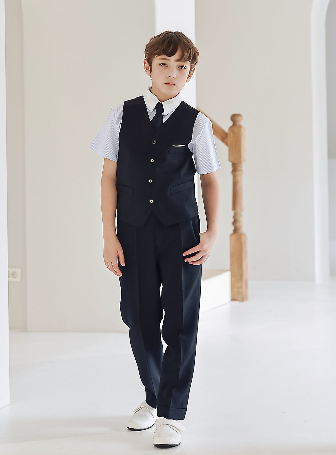 Noah白色雙排扣長褲三件套裝(外套、馬甲、長褲)