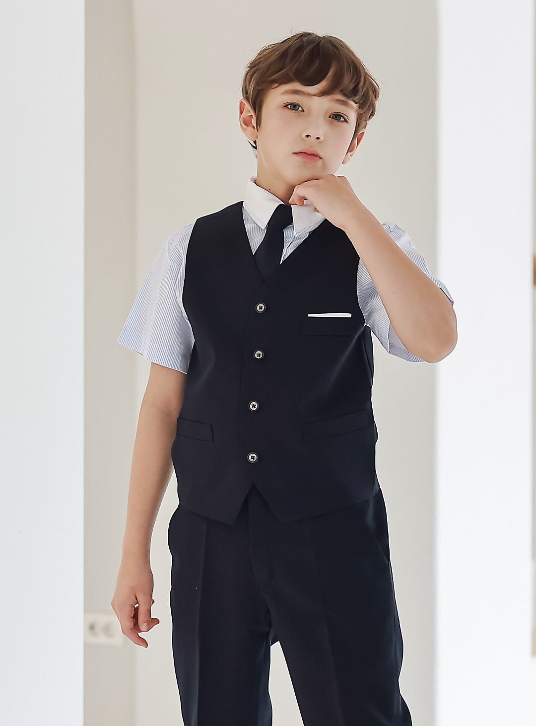 Noah白色雙排扣長褲三件套裝(外套、馬甲、長褲)