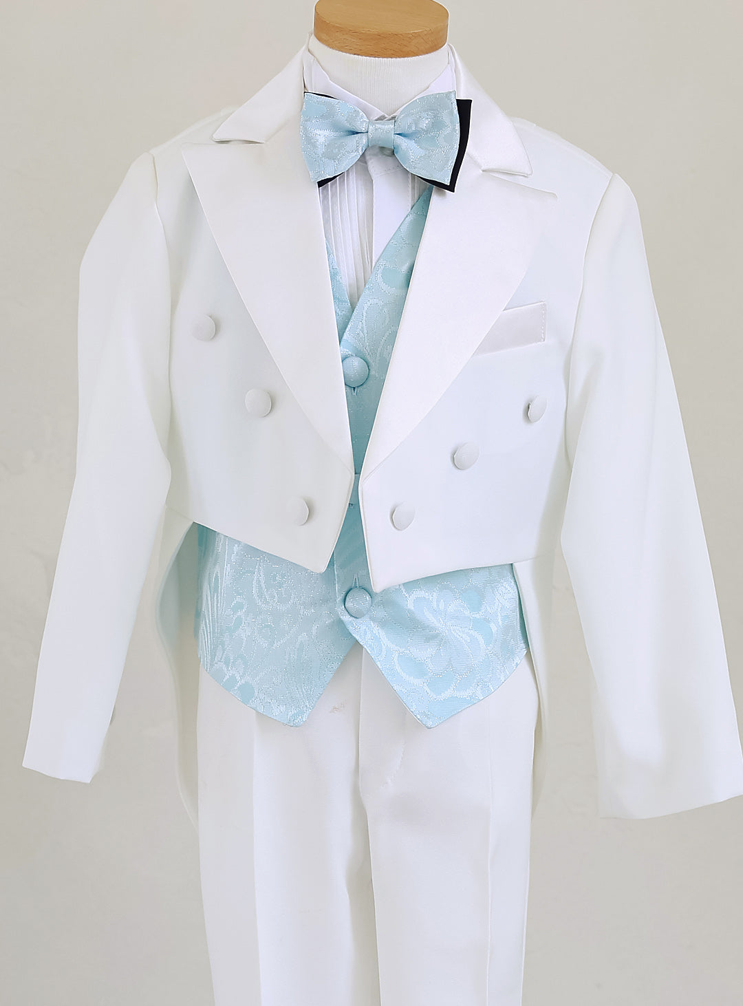 ホワイト燕尾服スカイブルーベスト4ピースセット(燕尾服上下+ベスト+タイ)