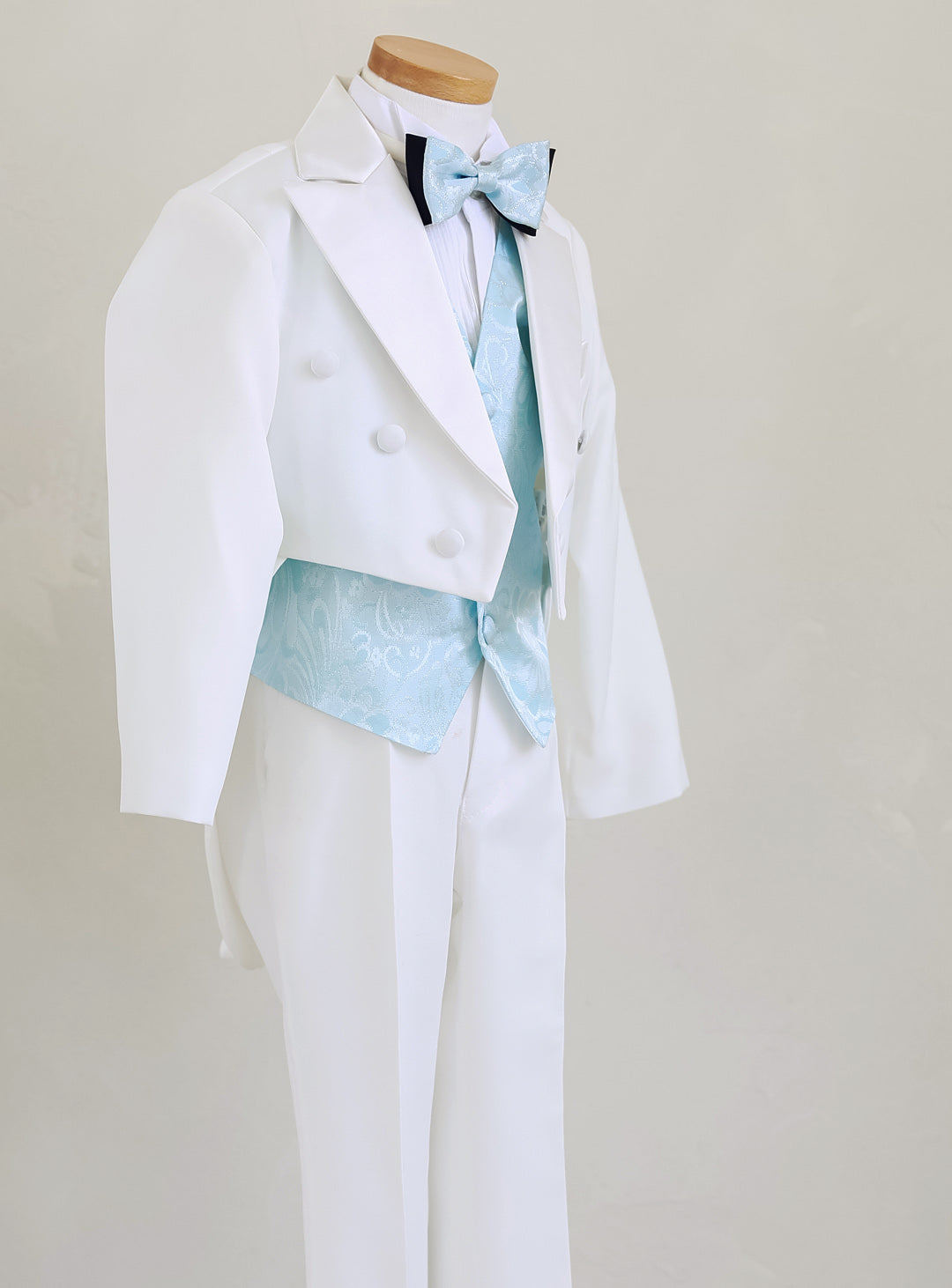 ホワイト燕尾服スカイブルーベスト4ピースセット(燕尾服上下+ベスト+タイ)