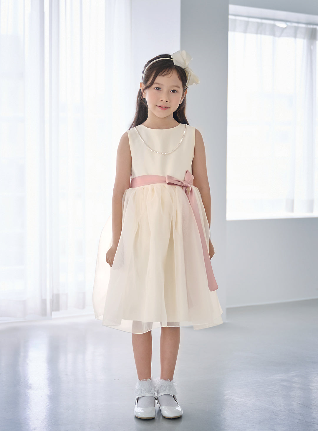子供ドレス発表会・結婚式・おしゃれなDRESCCOのエレボスアイボリードレス(ピンク)の画像4