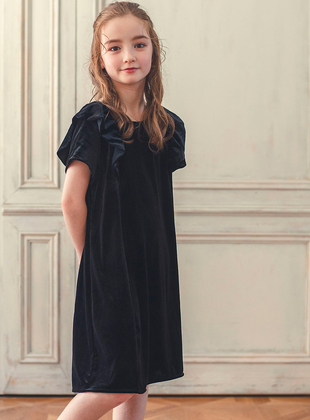 K3052 - Black velvet ruffle dress