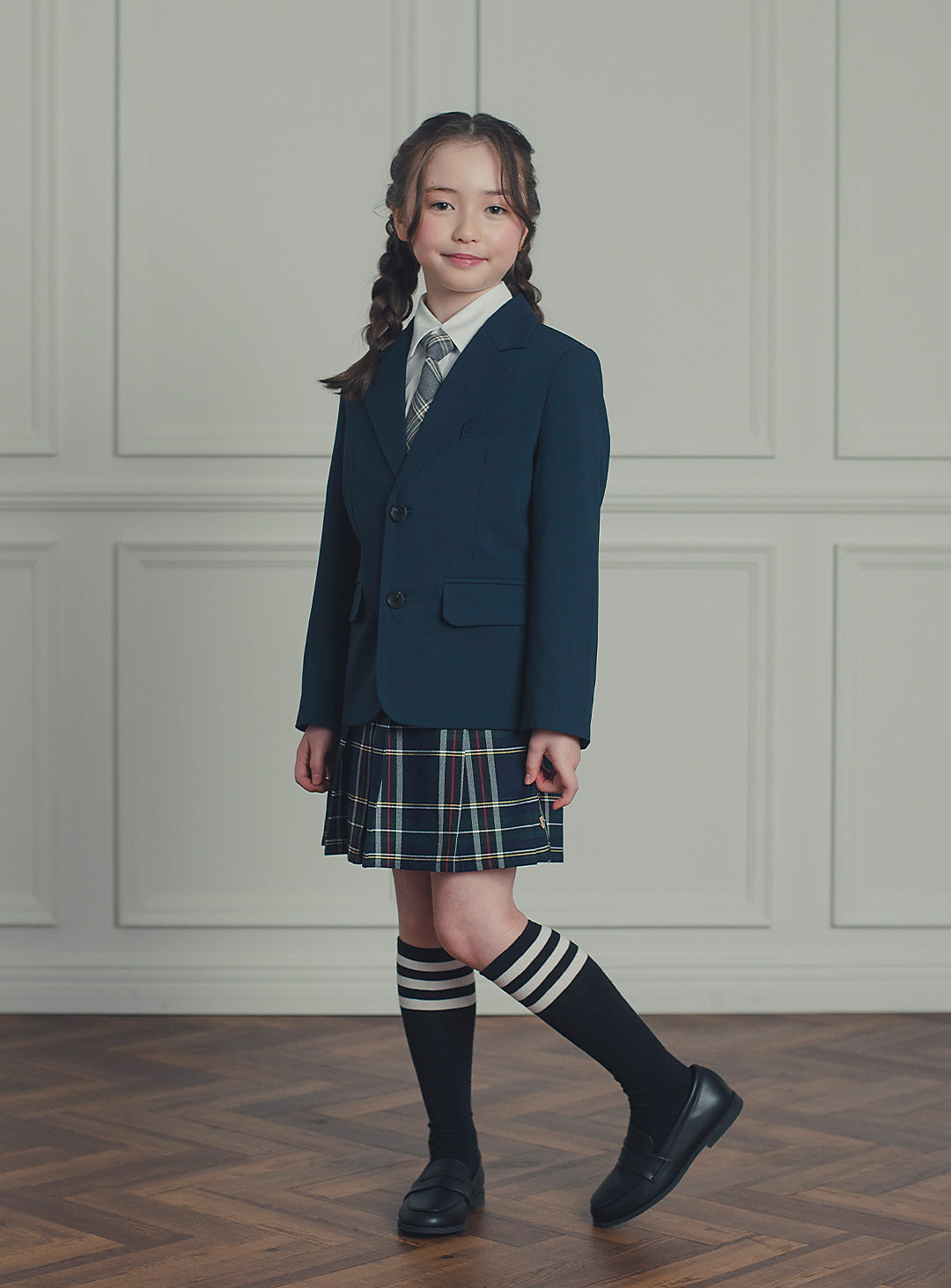 エマネイビーウール混ジャケットチェックスカート2ピースセット(ジャケット、スカート)