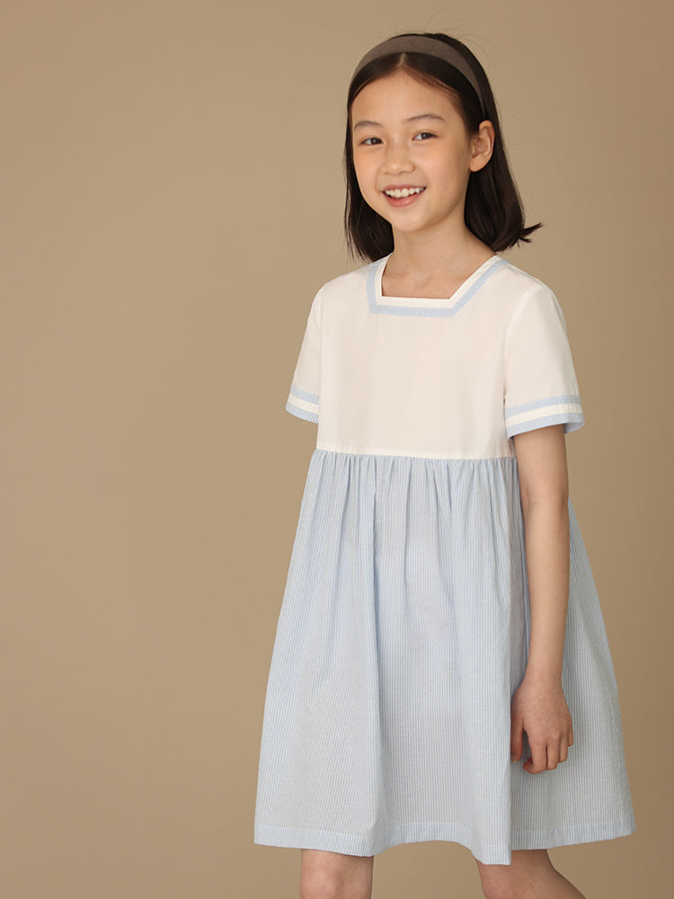 K5009 - Blue stripe square neck short sleeve dress