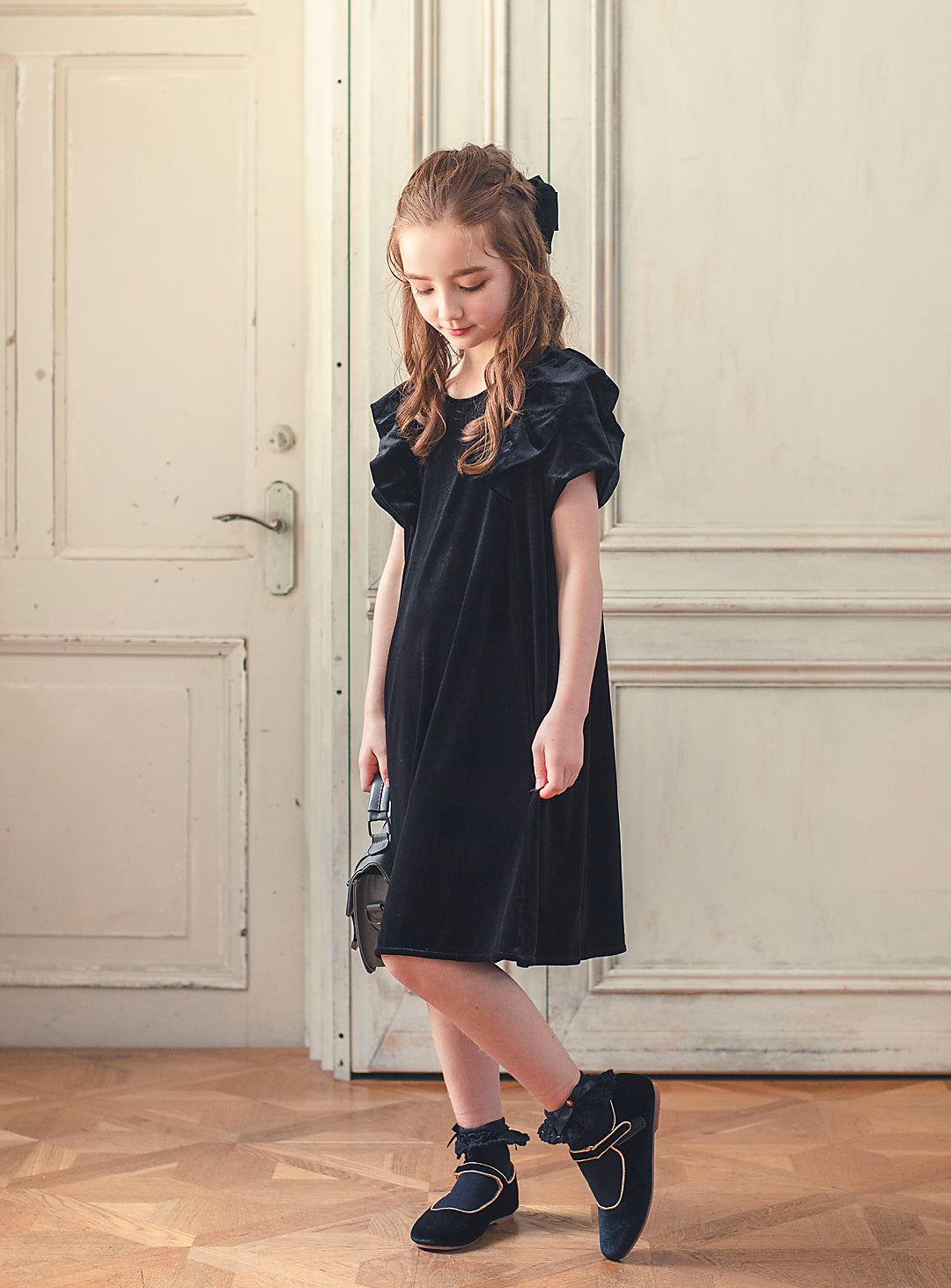 K3052 - Black velvet ruffle dress