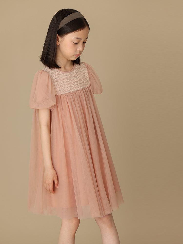 K5025 - Puff sleeves tulle dress with décolleté switching