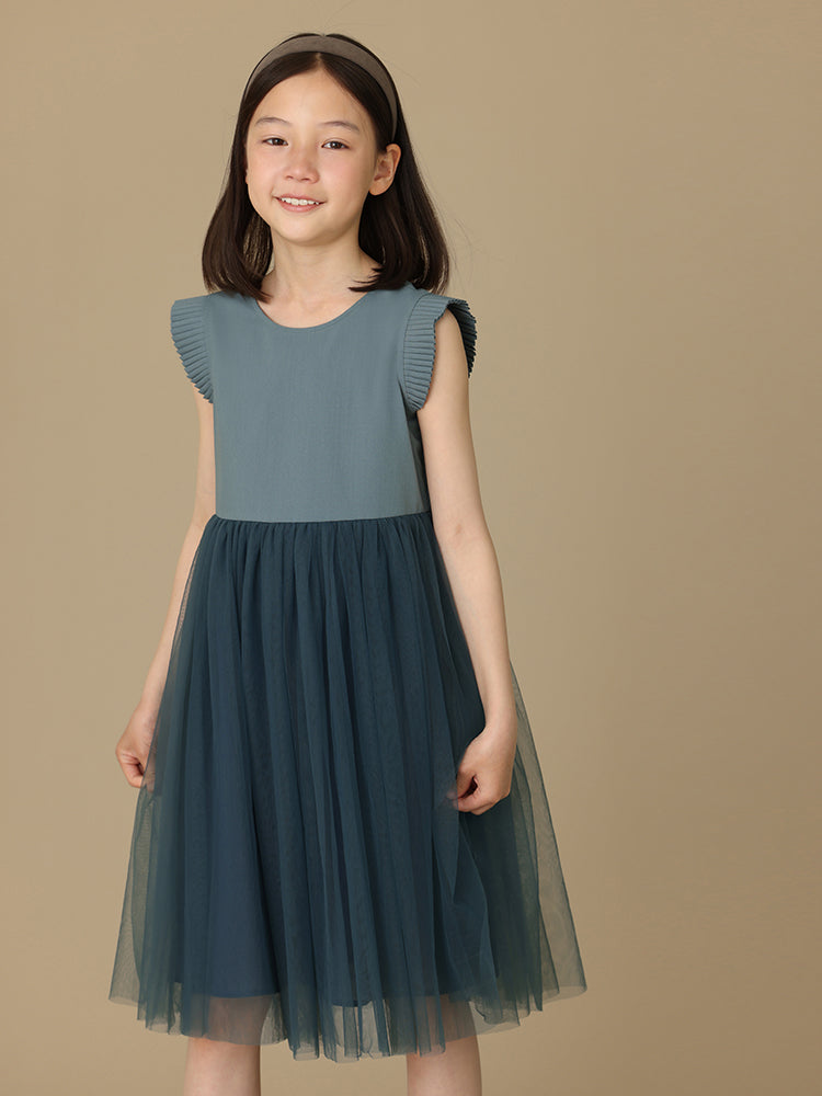 K6030 - Green grey organ pleated tulle dress