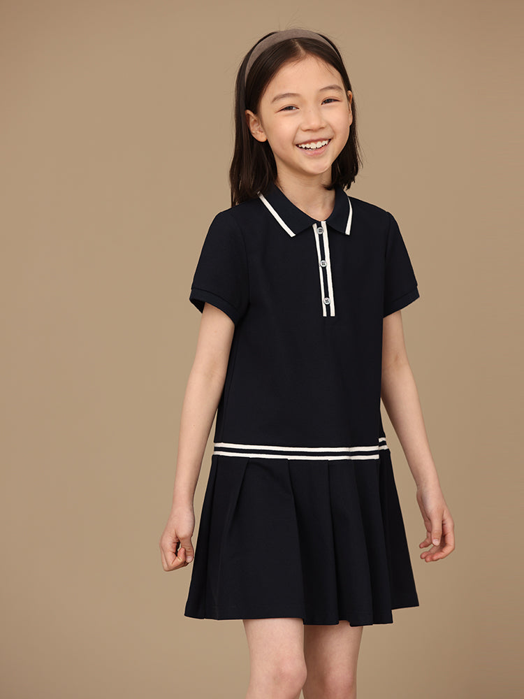 K4019 - Navy turtle neck pleated transitional dress