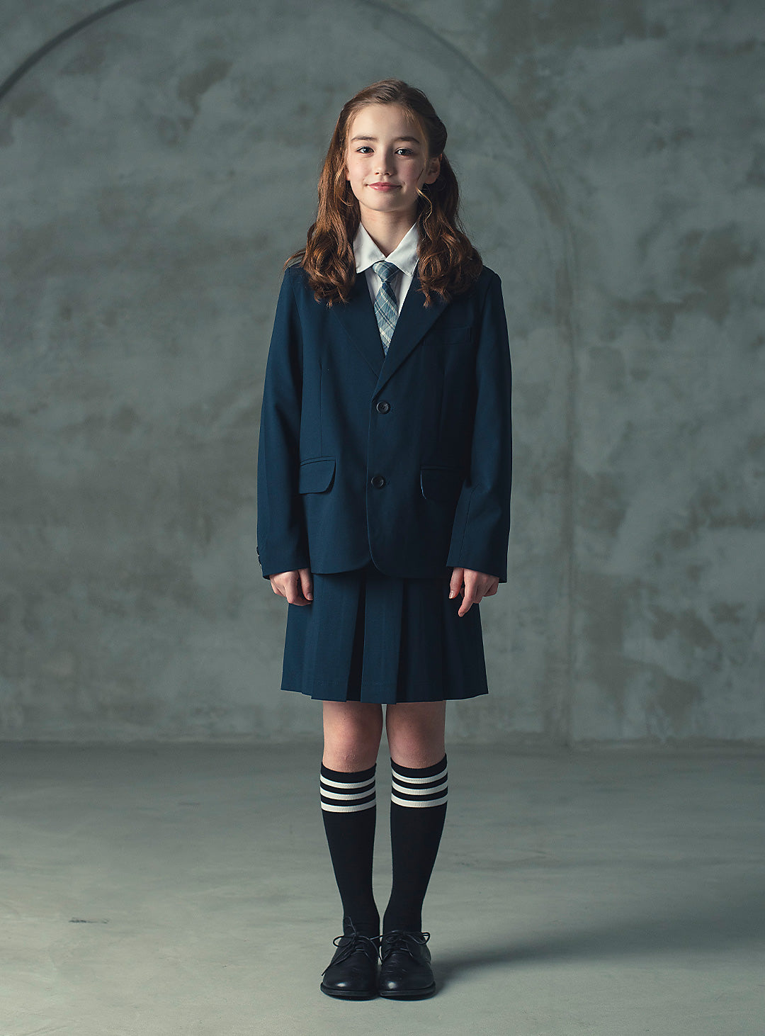 エマネイビーウール混ジャケットプリーツスカート2ピースセット(ジャケット、スカート)