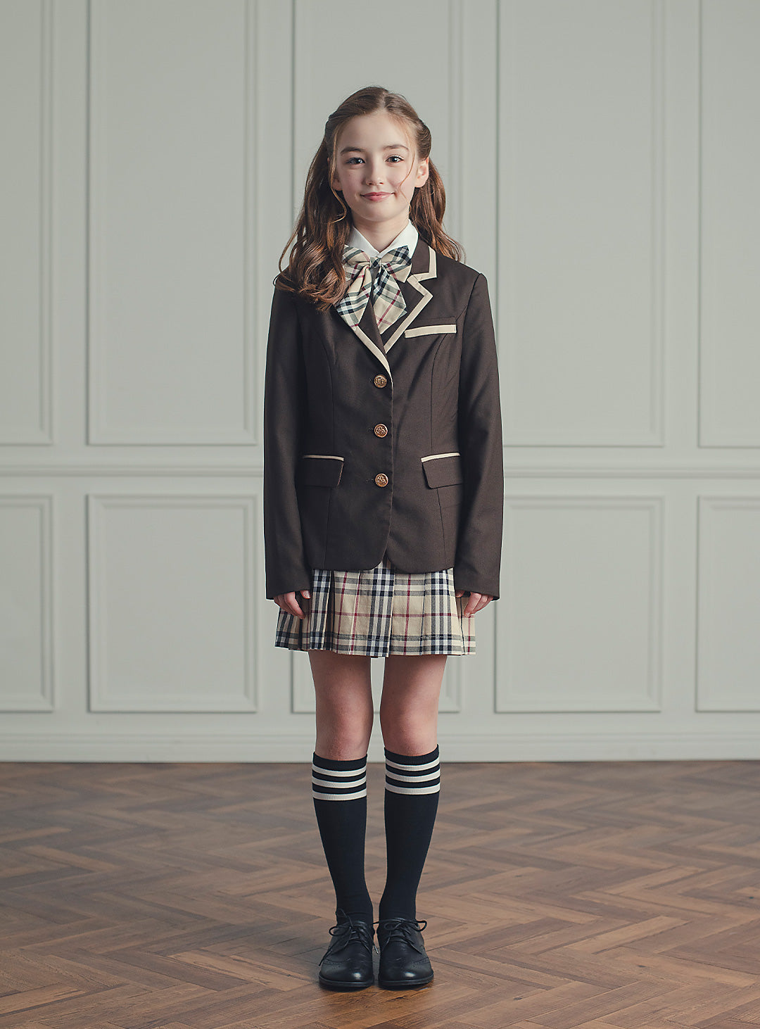 セリーナブラウンパイピングジャケットチェックプリーツスカート2ピースセット(ジャケット、スカート)