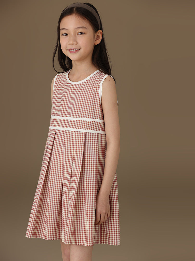 K3026 - Checked white piping sleeveless dress