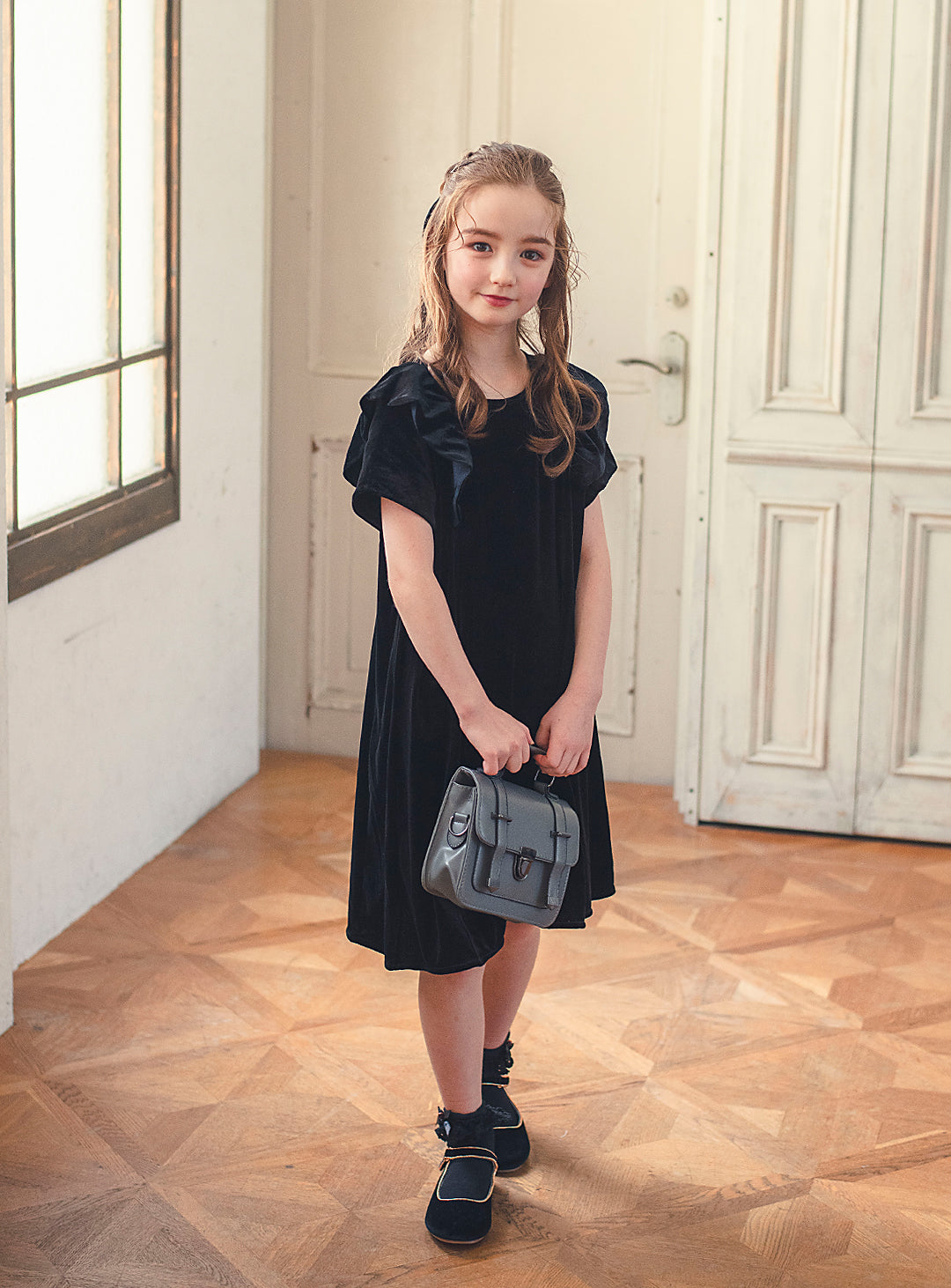 K3052 - Black velvet ruffle dress