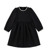 K9068 - ブラックワッフル長袖パフスリーブ裏起毛ワンピース