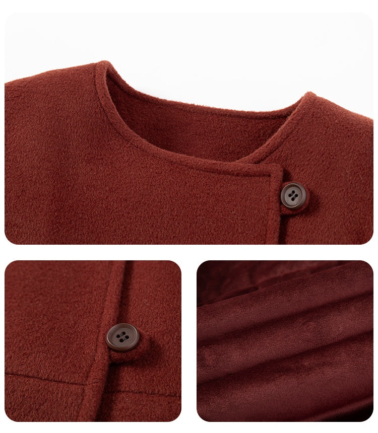 K10071 - 红色羊毛混纺不对称箱型大衣