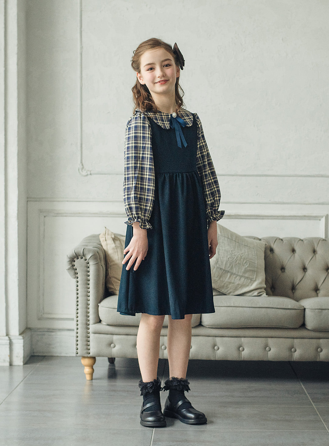 チェックブラウス×ジャンパースカートセットアップ