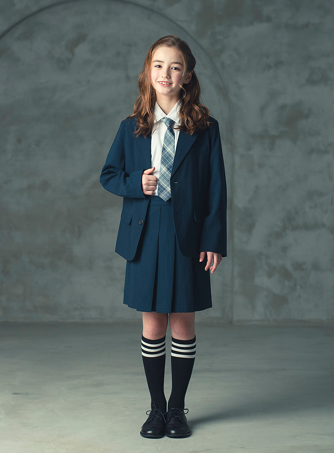 エマネイビーウール混ジャケットプリーツスカート2ピースセット(ジャケット、スカート)