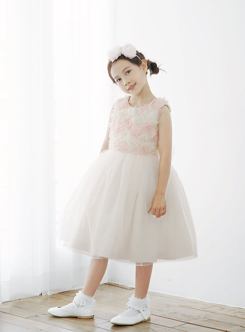 子供ドレス発表会・結婚式・おしゃれなDRESCCOのD-SU-226-アイボリーピンクシフォンローズドレスの画像2
