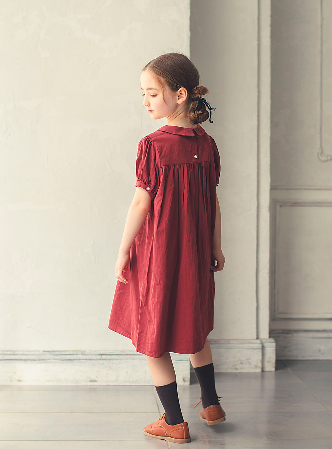 K3038 - Apple red puff sleeve cotton dress